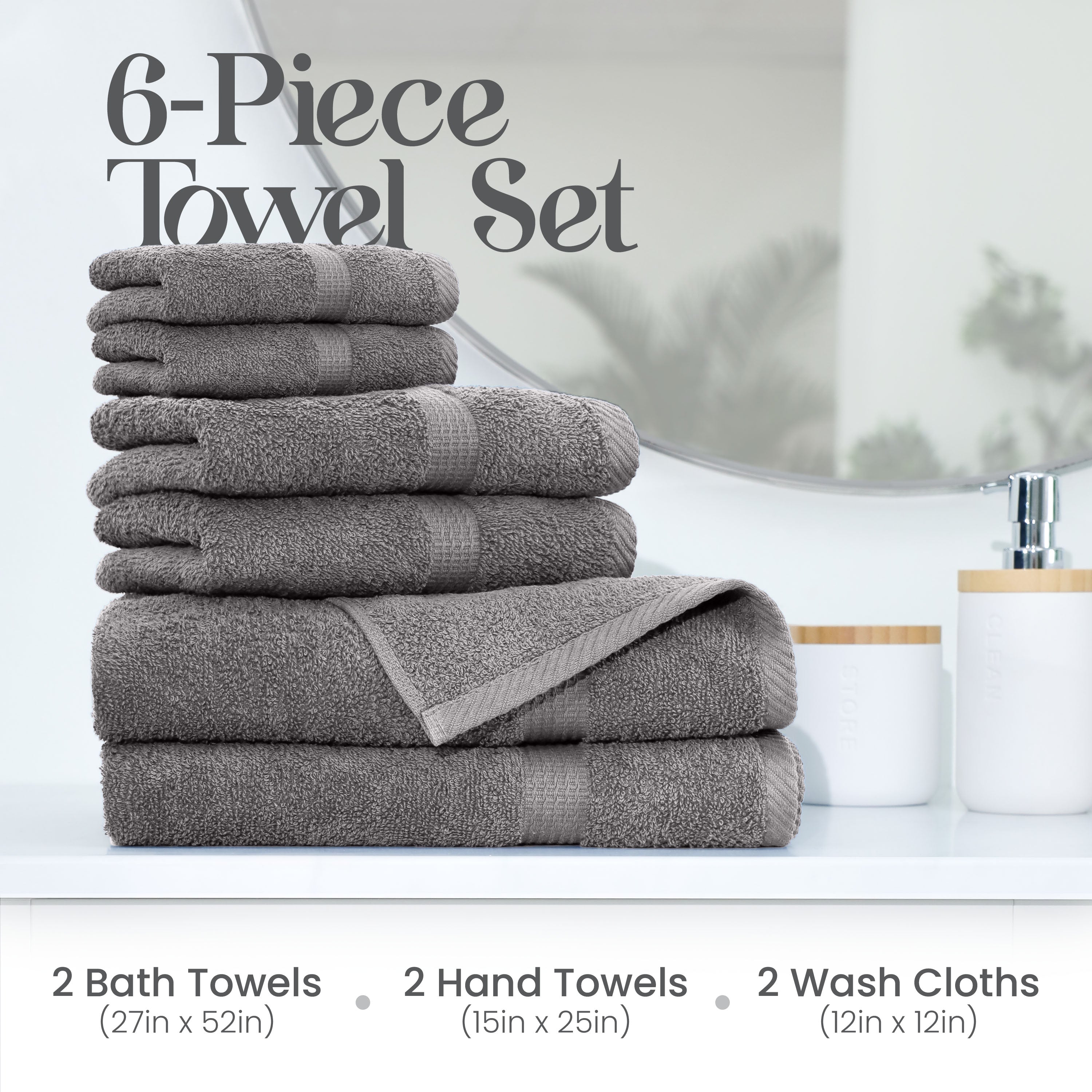 Gray towel set stacked on a surface, includes 2 bath towels, 2 hand towels, and 2 wash cloths.
