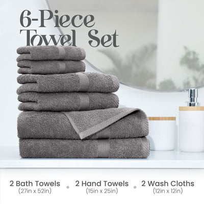 Gray towel set stacked on a surface, includes 2 bath towels, 2 hand towels, and 2 wash cloths.