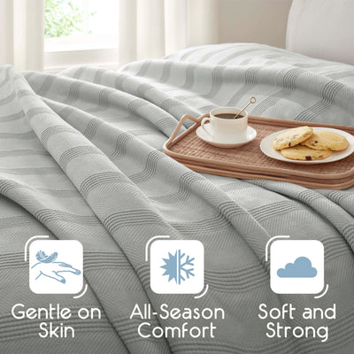 Light gray cotton blanket draped over a bed with a tray holding a cup of coffee and cookies.