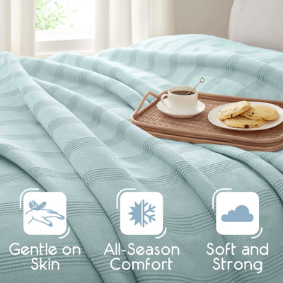 Light blue cotton blanket draped over a bed with a tray of coffee and cookies beside it.