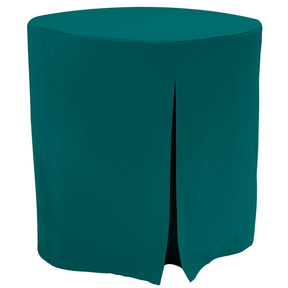 Teal round table cover with a fitted design and a slit for easy placement, suitable for a 30-inch table.