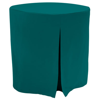 Teal round table cover with a fitted design and a slit for easy placement, suitable for a 30-inch table.