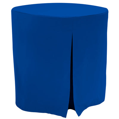 Round table cover in solid blue, designed to fit a 30-inch table with a slit for easy placement.