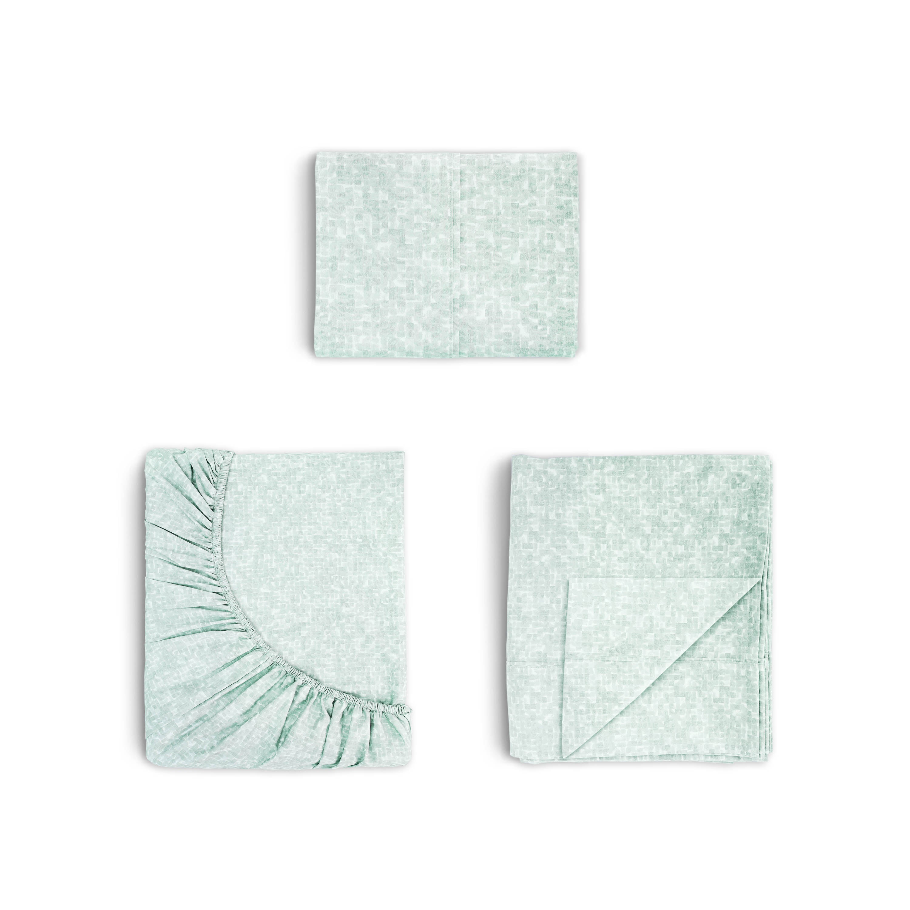 Three-piece sheet set in a light green color with a textured pattern and ruffled edge on one piece.