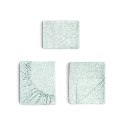 Three-piece sheet set in a light green color with a textured pattern and ruffled edge on one piece.