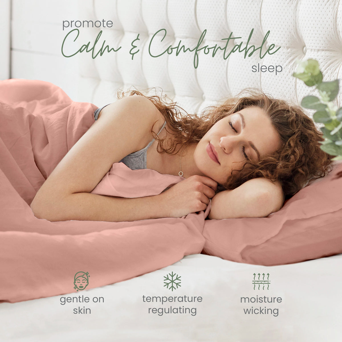 Woman sleeping on a clay bed set with text promoting calm and comfortable sleep, featuring features like gentle on skin, temperature regulating, and moisture wicking.
