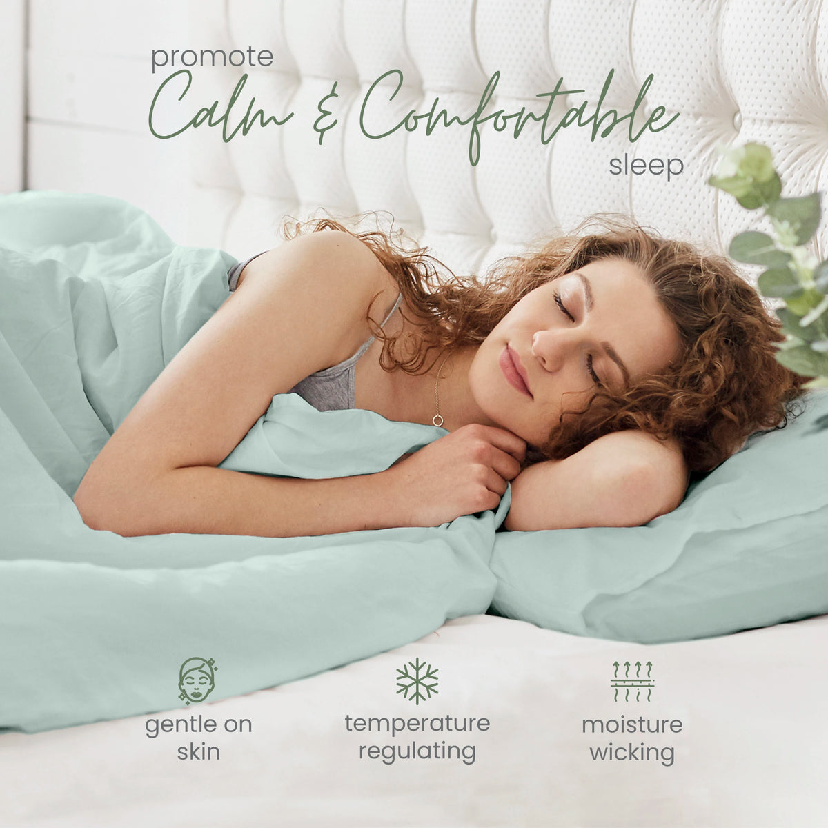 Woman sleeping on a sage bed set with text promoting calm and comfortable sleep, featuring features like gentle on skin, temperature regulating, and moisture wicking.