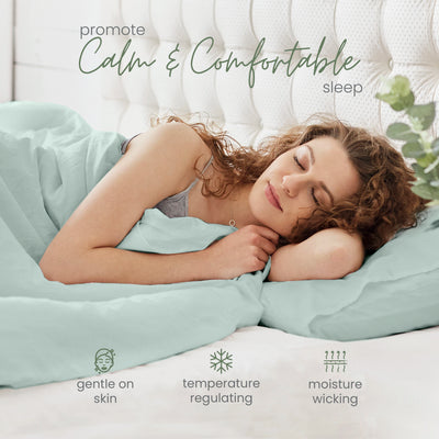 Woman sleeping on a sage bed set with text promoting calm and comfortable sleep, featuring features like gentle on skin, temperature regulating, and moisture wicking.