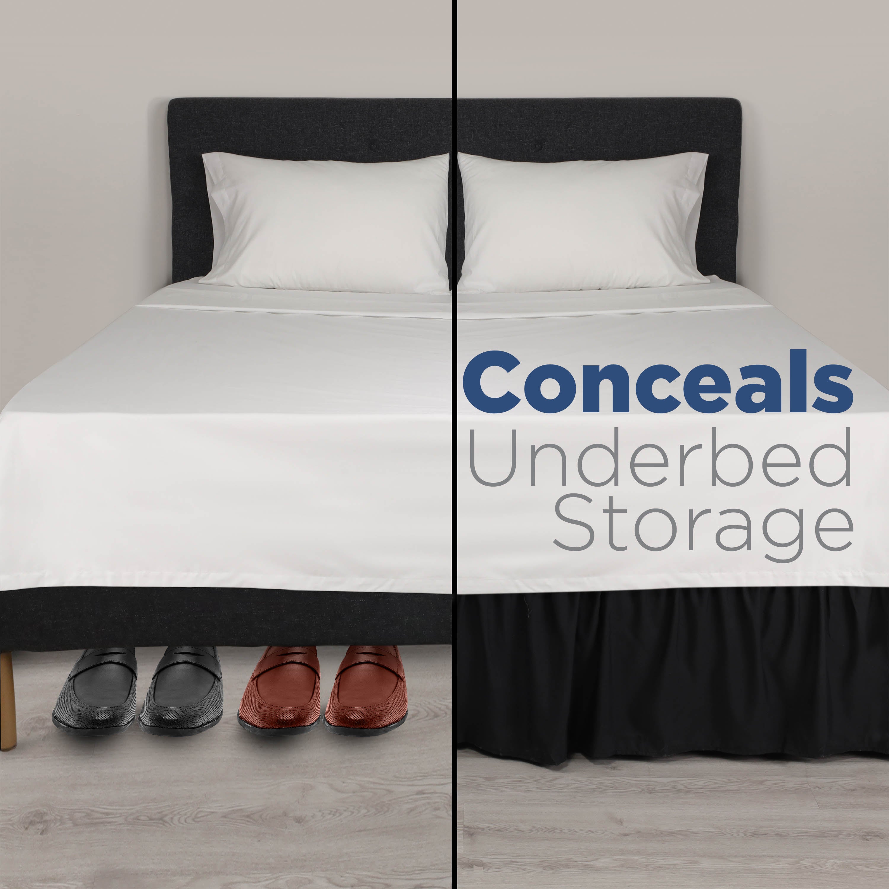 Bed with a white top sheet and two pillows, featuring a black ruffled bed skirt that hides underbed storage.