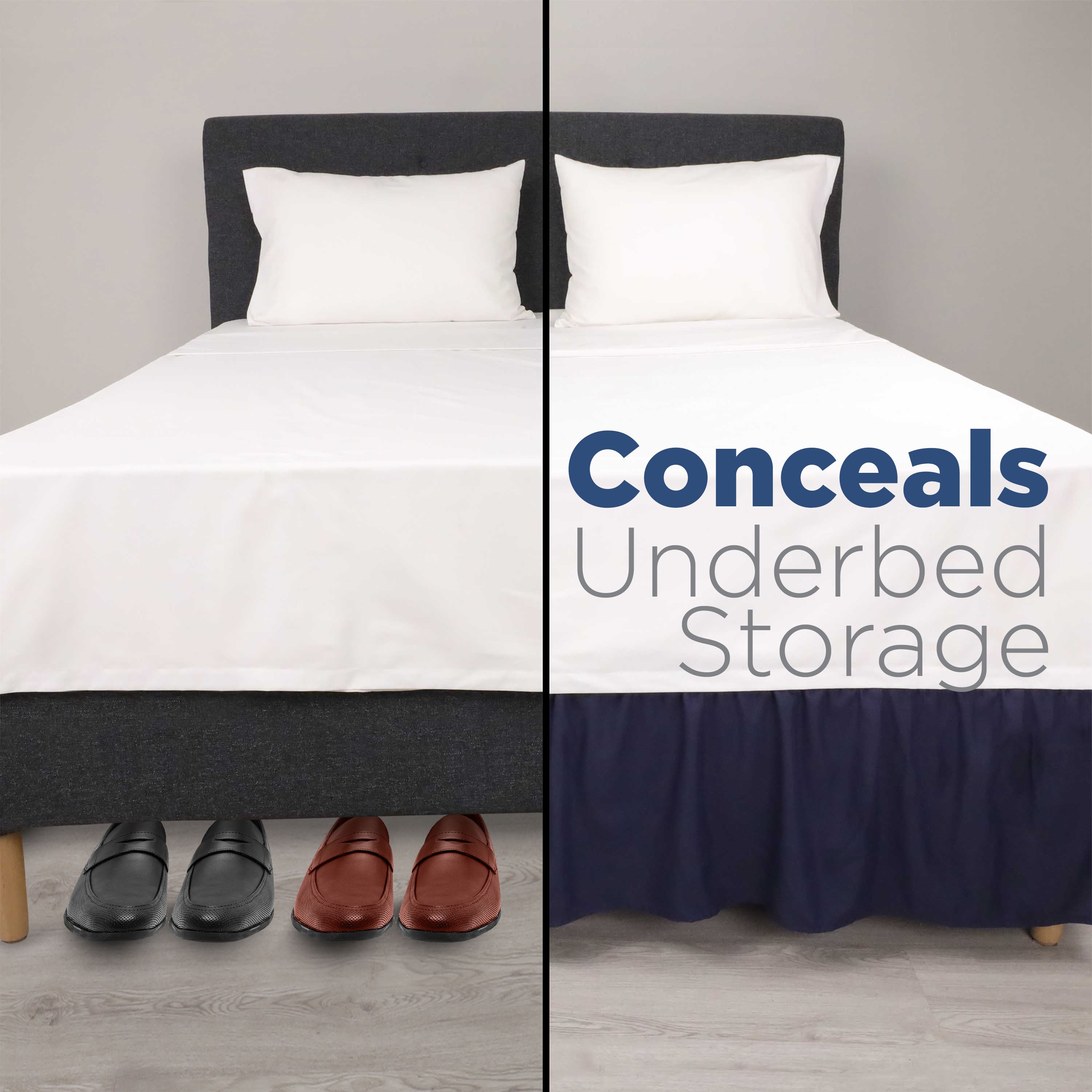 Bed with a white top sheet and two pillows, featuring a navy ruffle bed skirt that conceals underbed storage.
