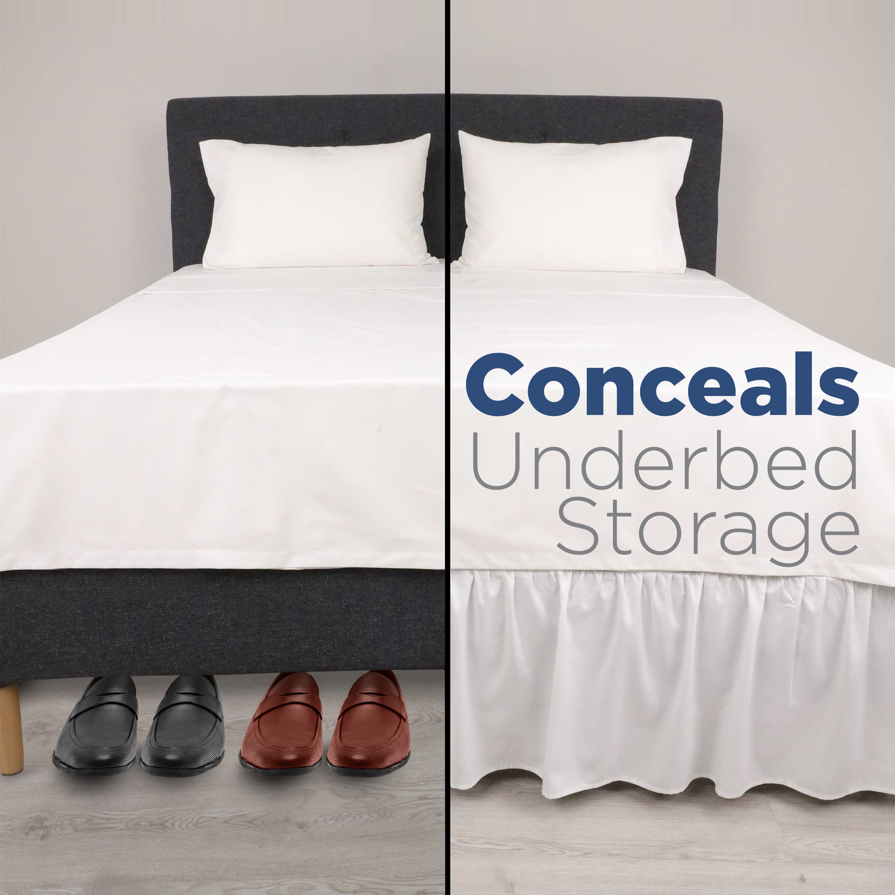 Bed with a white ruffle bed skirt concealing underbed storage and two pairs of shoes visible underneath.