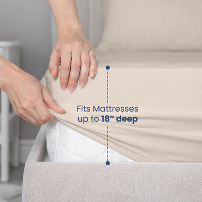 Hand adjusting a fitted sheet on a mattress, with text indicating it fits mattresses up to 18 inches deep.
