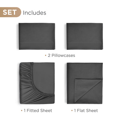 Set includes two pillowcases, one fitted sheet, and one flat sheet, all in a dark gray color.