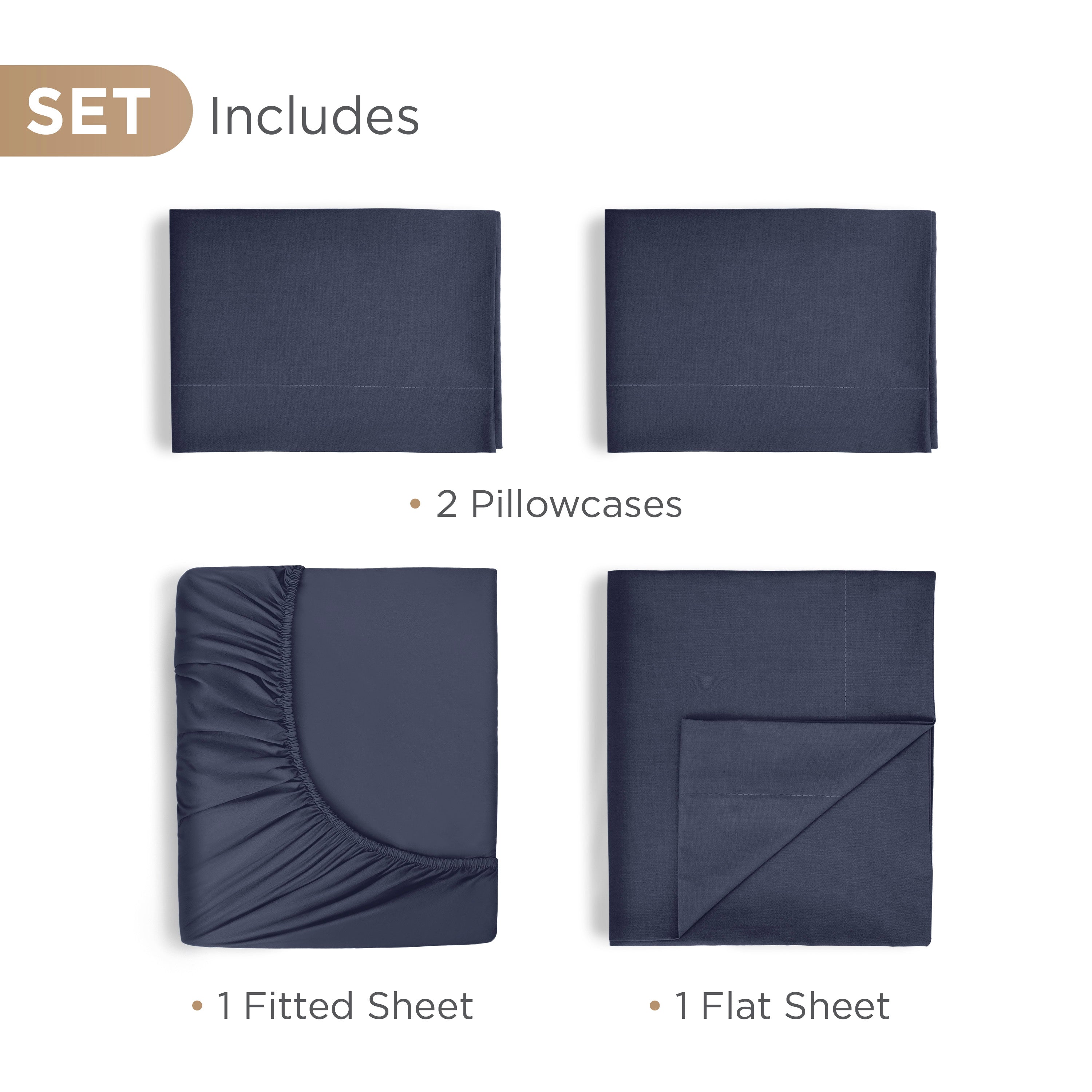Includes two pillowcases, one fitted sheet, and one flat sheet in a dark navy color.