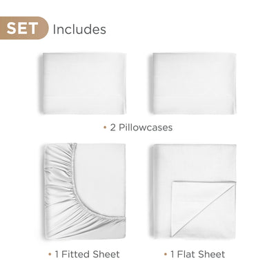 Set includes two pillowcases, one fitted sheet, and one flat sheet, all in white Supima cotton.