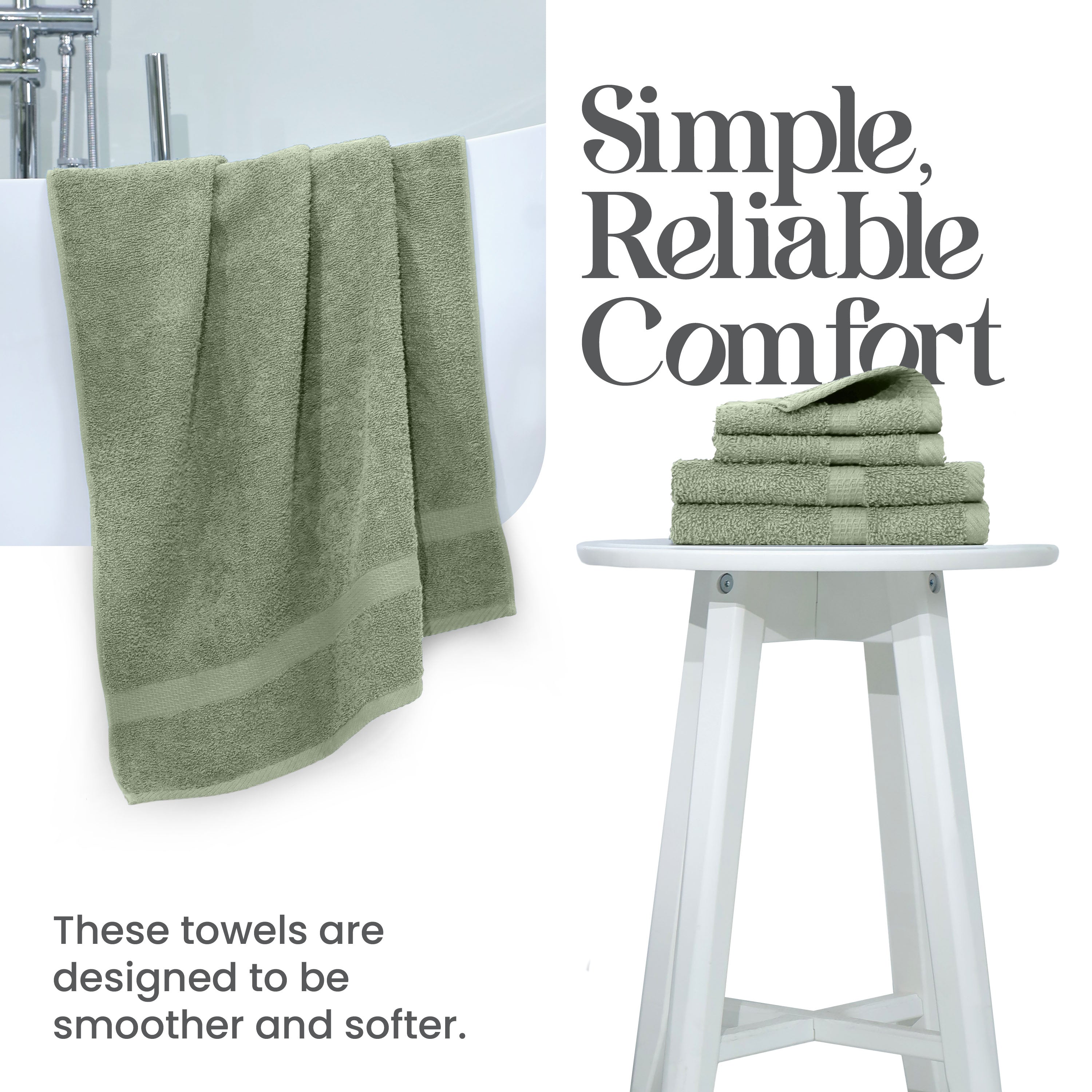 Two green towels hang on a white tub, with a stack of four folded towels on a white stool.