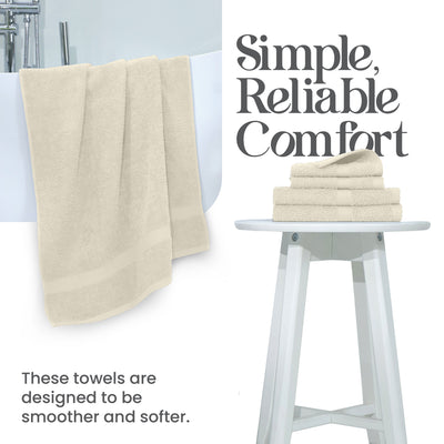 Two beige towels hanging and a stack of four smaller beige towels on a white stool, with text on the side.