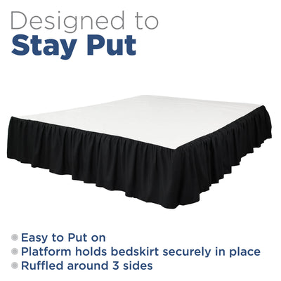 Black ruffle bed skirt with a platform design, covering three sides of the bed.