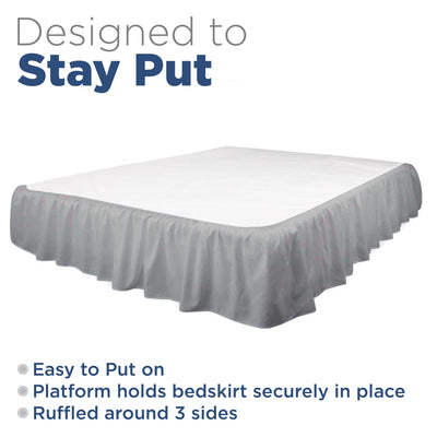 Ruffled bed skirt in gray, designed to fit securely around three sides of a bed.