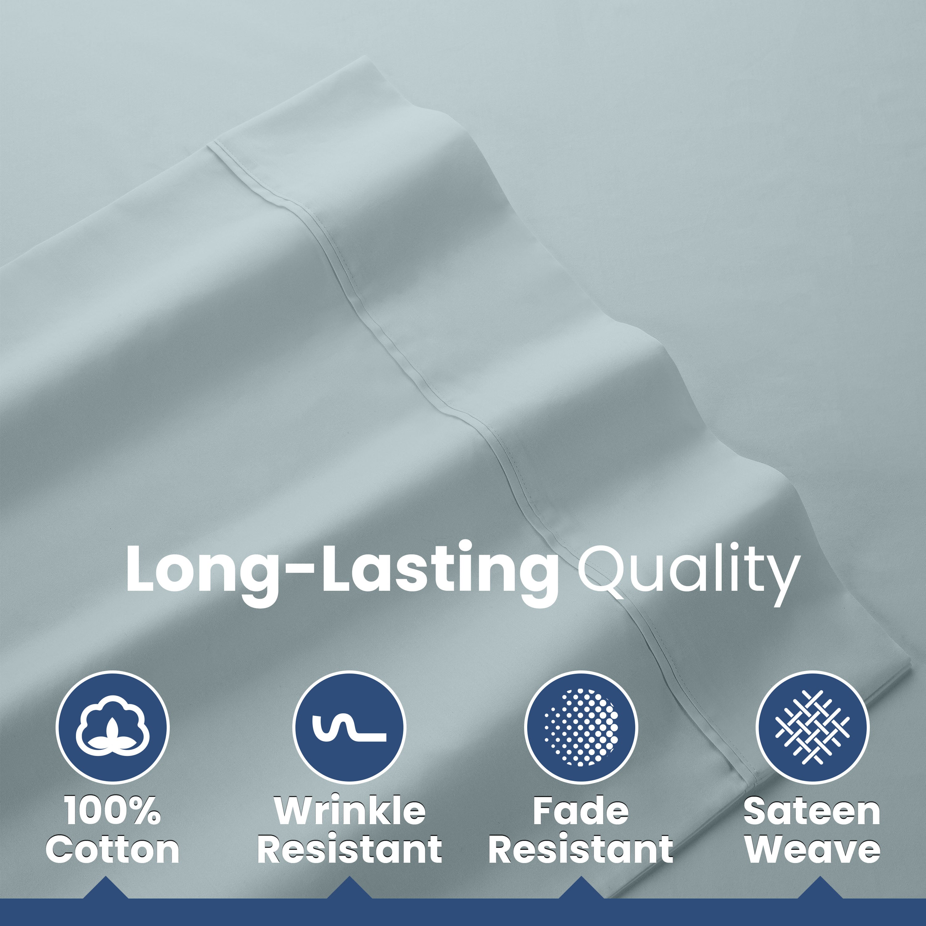 Light blue cotton sheets with a smooth texture and decorative stitching, featuring icons for quality attributes.