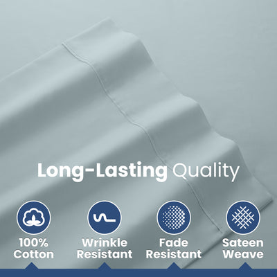 Light blue cotton sheets with a smooth texture and decorative stitching, featuring icons for quality attributes.