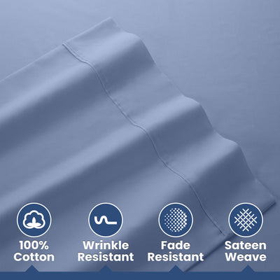 Light blue cotton sheets with a smooth texture and decorative stitching, featuring icons for cotton, wrinkle resistance, fade