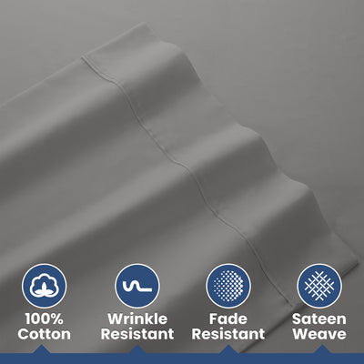 Gray cotton sheets with a smooth sateen weave and features for wrinkle and fade resistance.