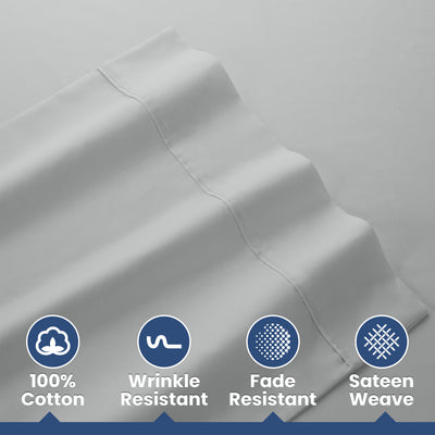 White cotton sheets with a smooth texture and decorative stitching, featuring icons for cotton, wrinkle resistance, fade resi