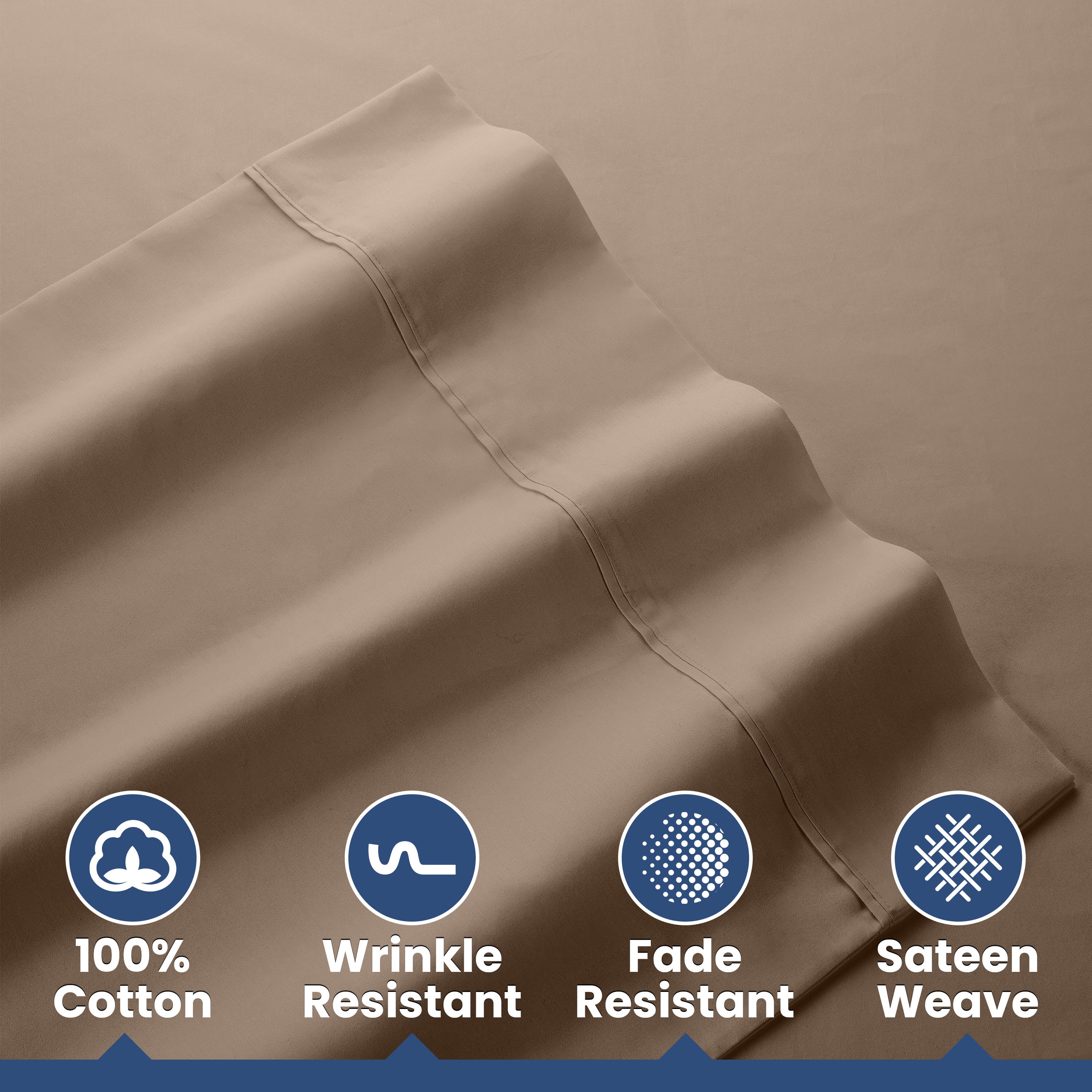 Light brown cotton sheets with a smooth texture and visible stitching, labeled with care features.