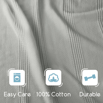 Light gray cotton blanket with a textured pattern and icons indicating easy care, 100% cotton, and durability.