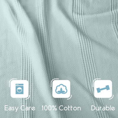 Light blue cotton blanket with a textured pattern and icons indicating easy care, 100% cotton, and durability.