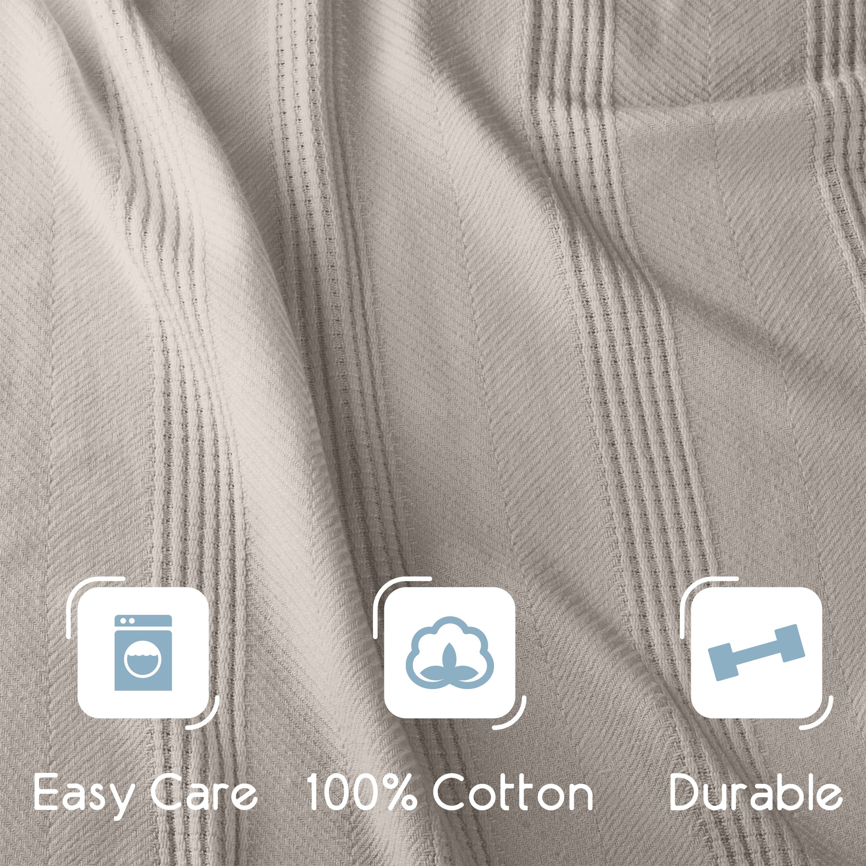 Light beige cotton blanket with a textured pattern and icons indicating easy care, 100% cotton, and durability.
