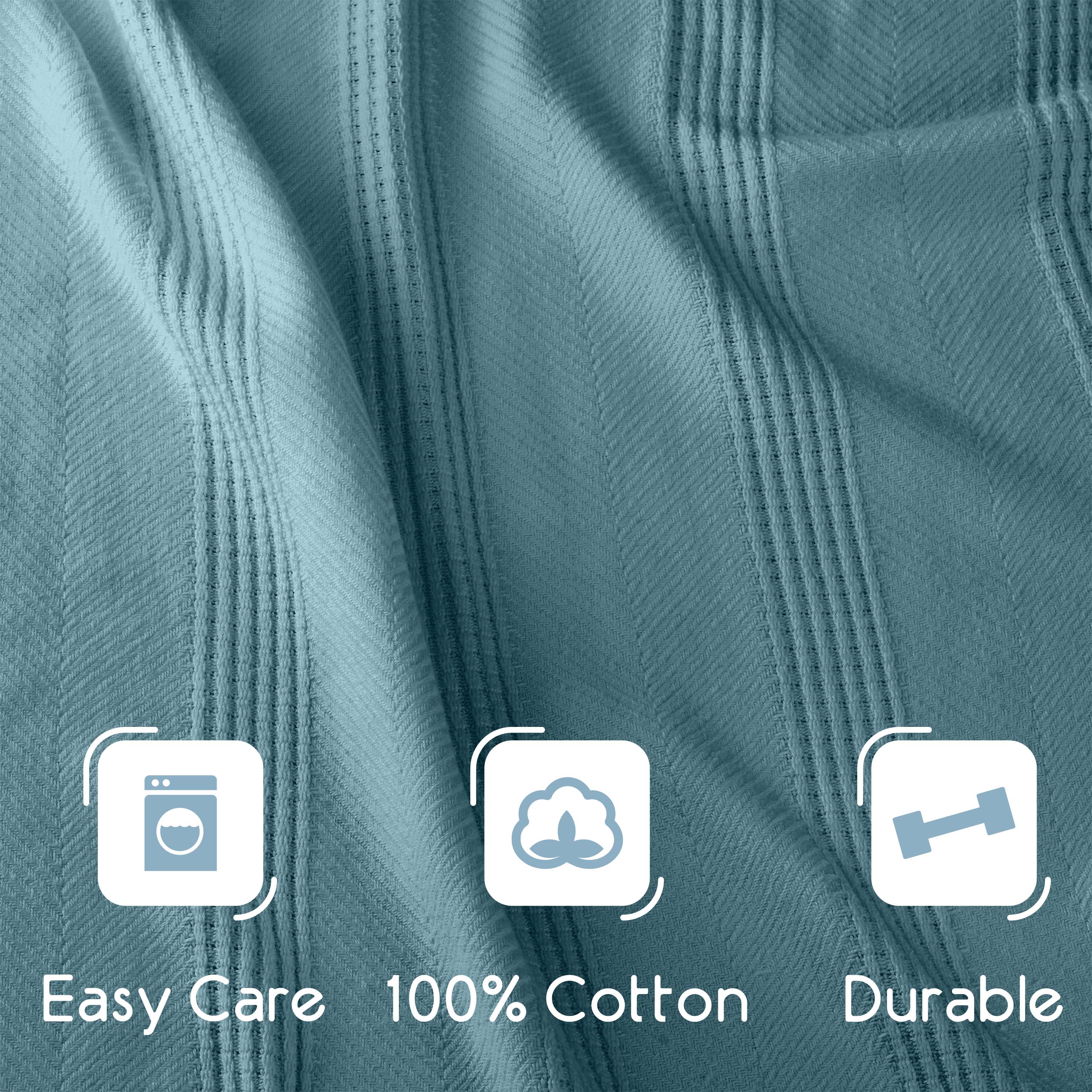 Textured teal cotton blanket with icons indicating easy care, 100% cotton, and durability.