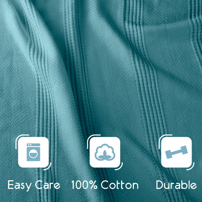 Textured teal cotton blanket with icons indicating easy care, 100% cotton, and durability.