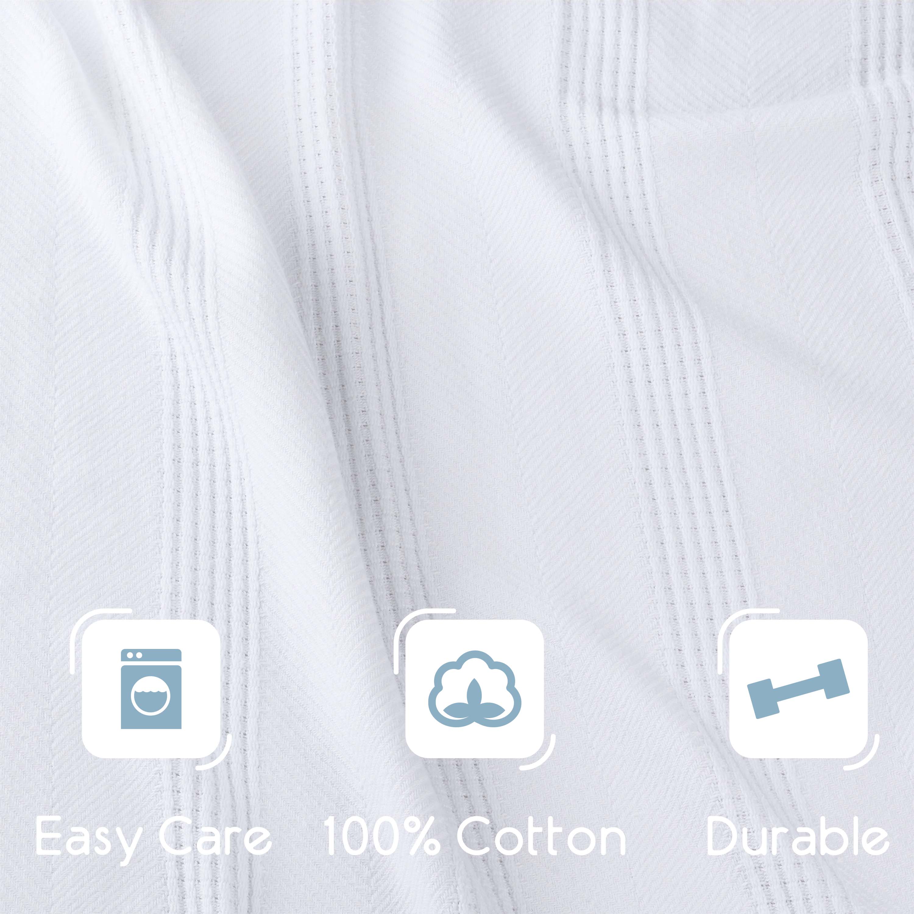 White cotton blanket with a textured pattern and icons indicating easy care, 100% cotton, and durability.