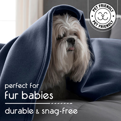 A small dog with long fur peeks out from under a dark blue blanket on a couch.