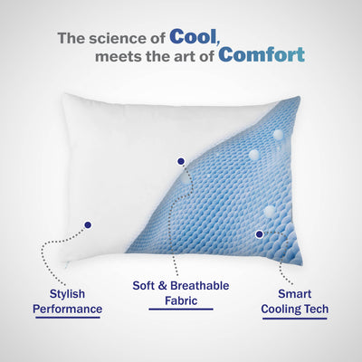 White bed pillow with a textured blue side, labeled with features like soft fabric and cooling technology.