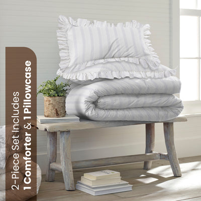 White striped comforter set with the text of twin product components