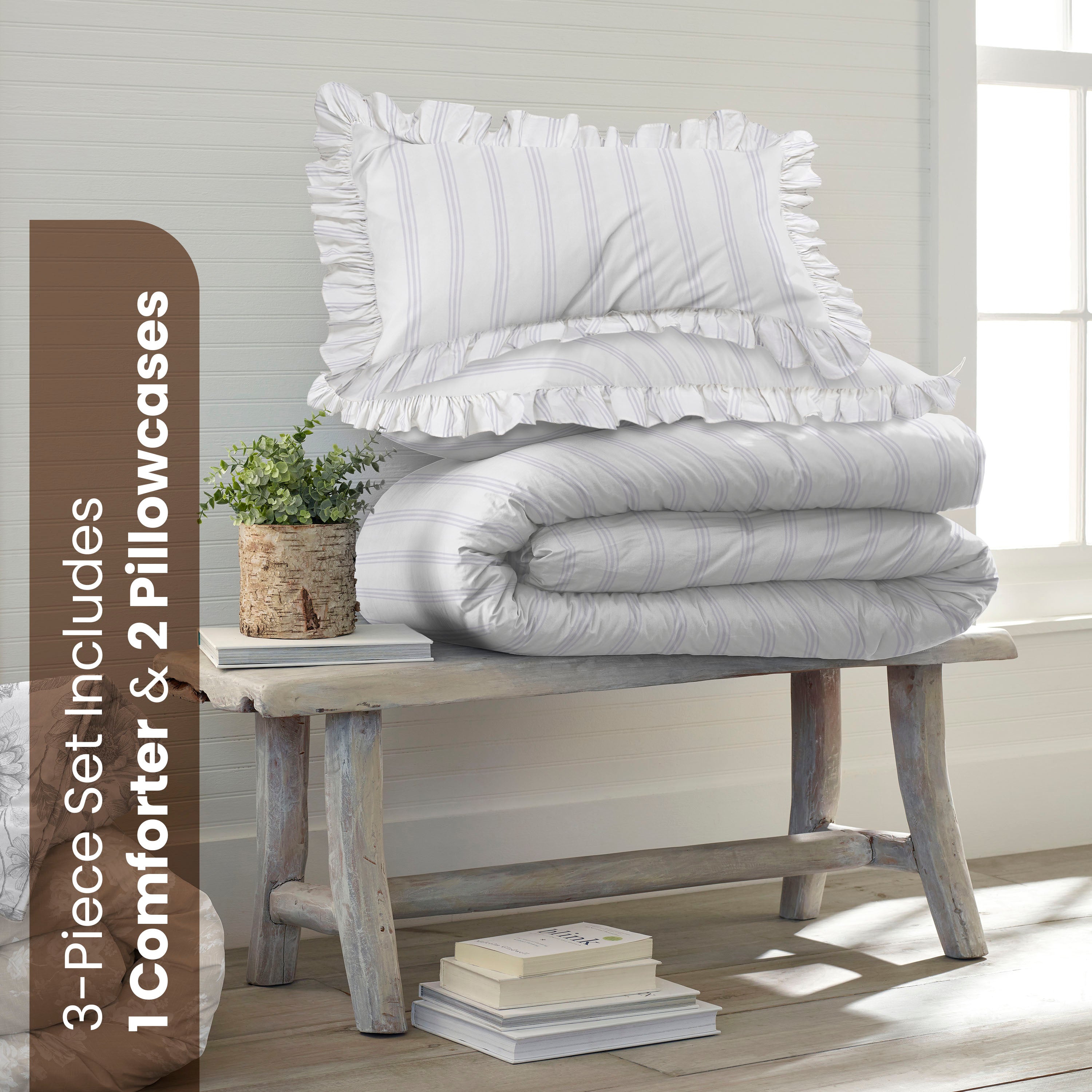 White striped comforter set with the text of full/queen product components