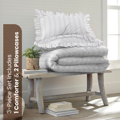 White striped comforter set with the text of full/queen product components