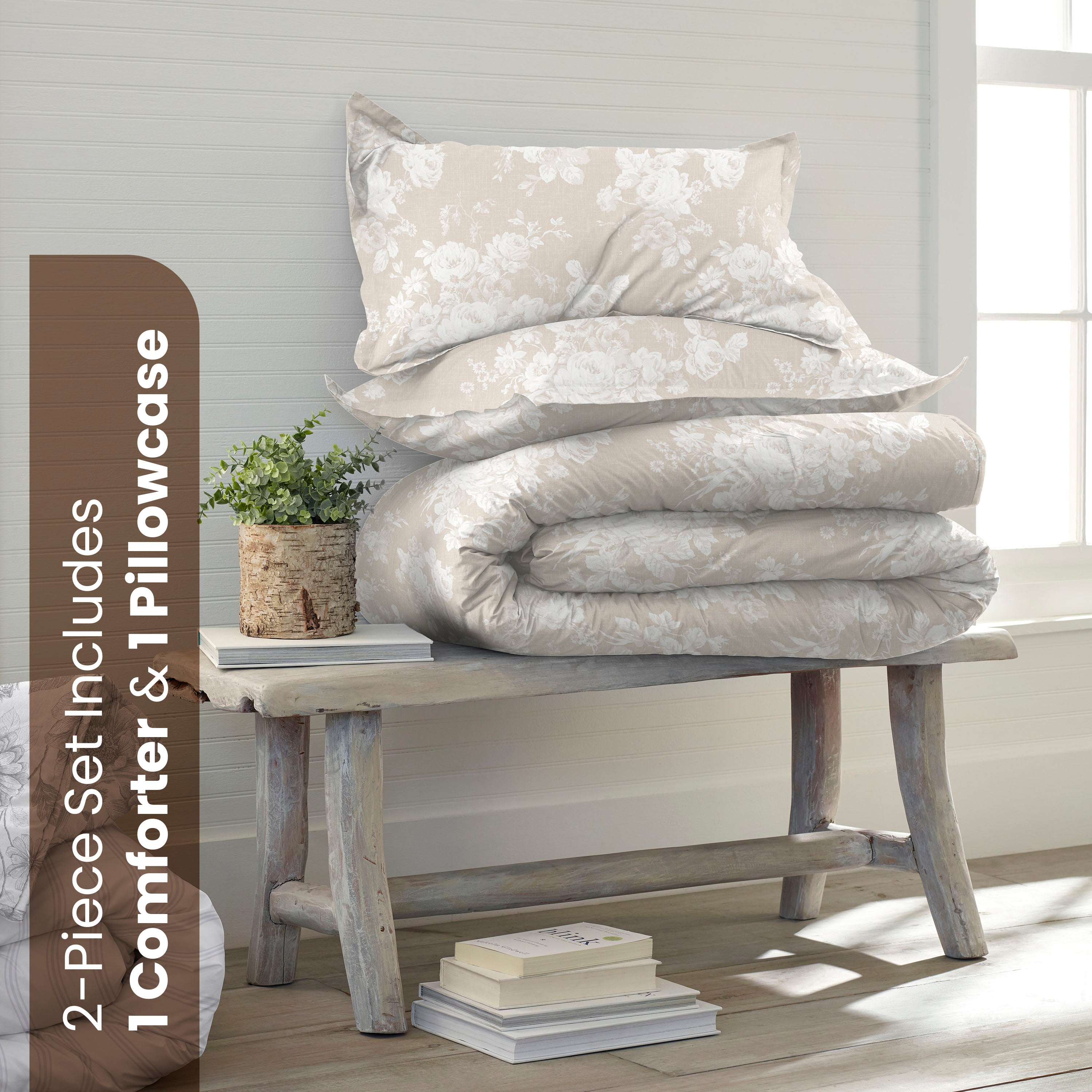 Floral-patterned comforter set with the text of twin product components