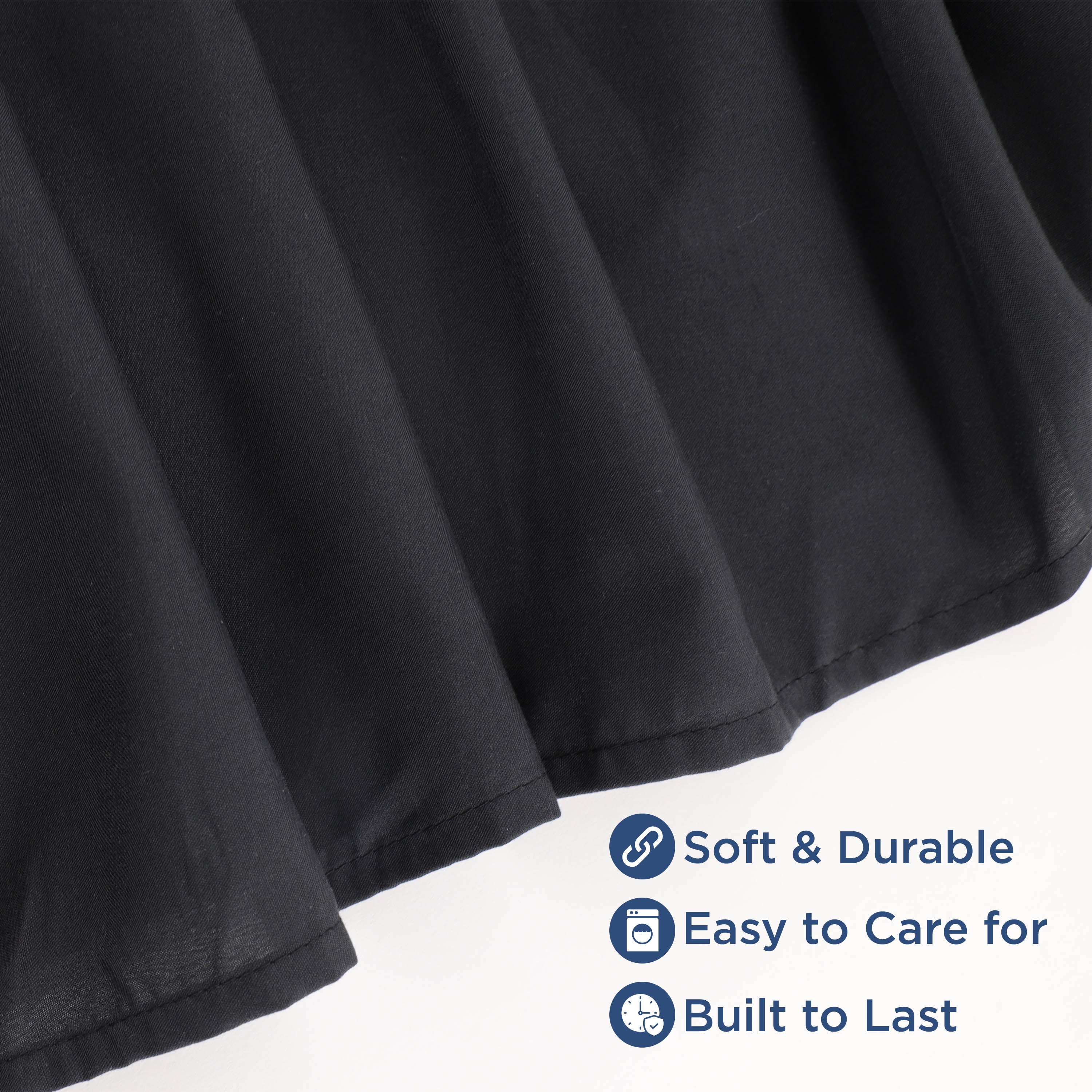Black ruffle bed skirt with a soft texture and durable fabric, featuring care instructions and durability icons.