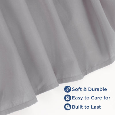 Gray ruffle bed skirt with soft fabric and durable finish, featuring care instructions and quality indicators.