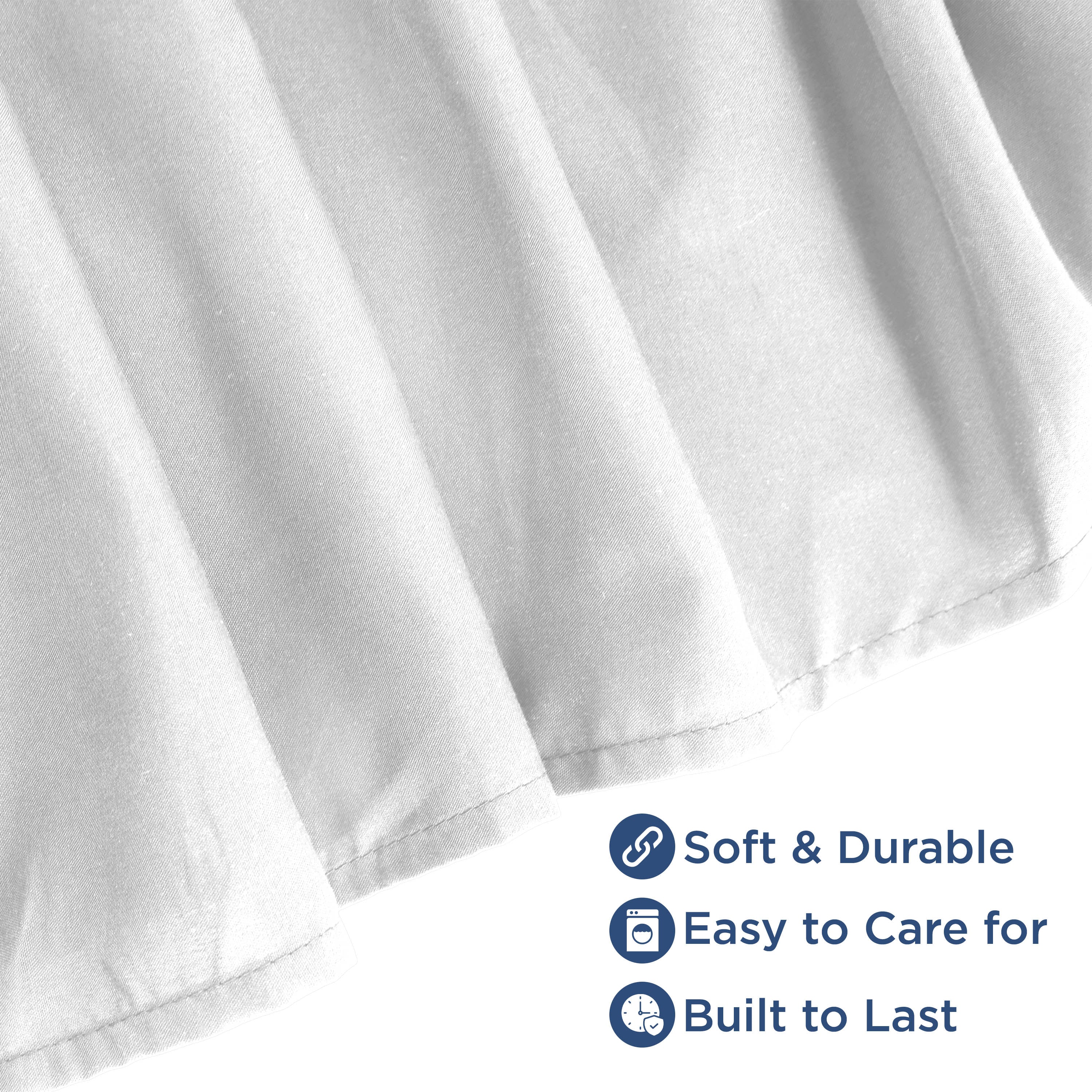 White ruffle bed skirt with soft fabric and durable construction, featuring care instructions and durability icons.