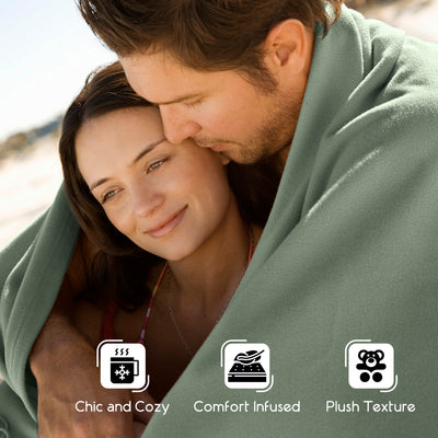 Couple wrapped in a green blanket, smiling and enjoying a cozy moment outdoors.