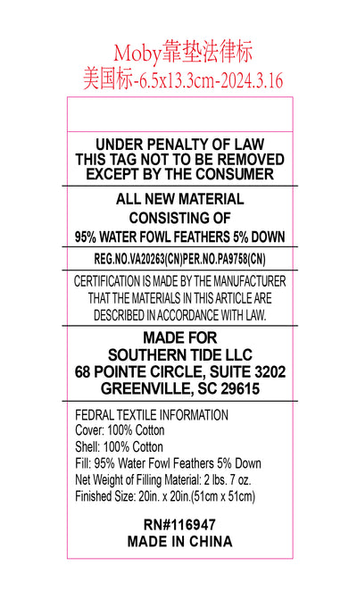 Made by WestPoint Home. Cover: 100% Cotton. Shell: 100% Cotton. Fill: 95% Water Fowl Feathers 5% Down. See Dimensions for sizes. Made in China. Finished in USA.