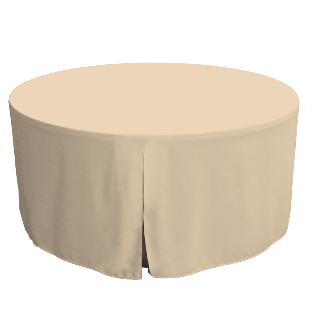 Round table cover in a beige color, designed to fit a 60-inch diameter table with a draped edge.