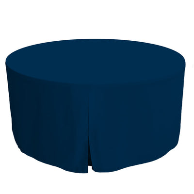 Round table cover in navy blue, designed for a 60-inch table with a draped edge.