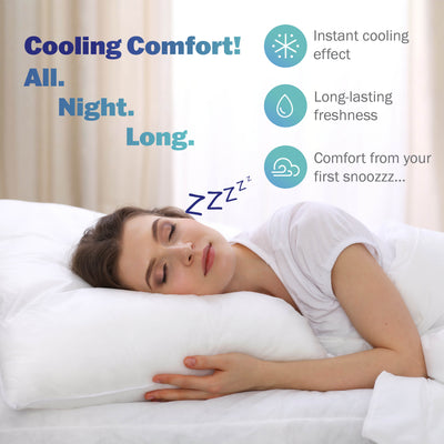 A woman sleeps on a white pillow in a bright room, with text highlighting cooling comfort features.