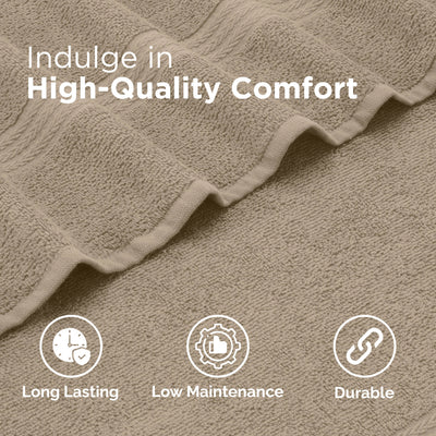 Close-up of a textured beige towel with decorative edges and icons indicating durability, low maintenance, and longevity.